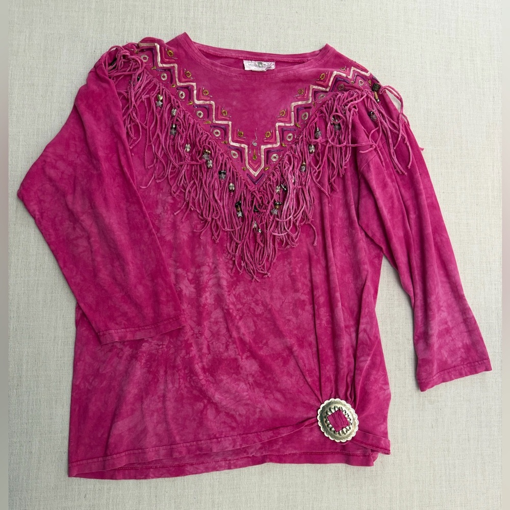 Magenta Tie-Dye Fringe Top with Decorative Buckle